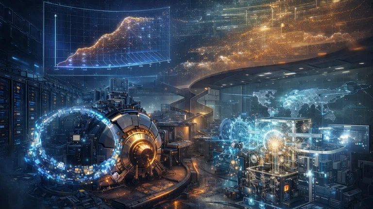 Editorial illustration of AI scaling limits showing a massive compute engine under strain beside a precise reasoning architecture system, symbolizing diminishing returns from brute-force training and the rise of test-time compute models.