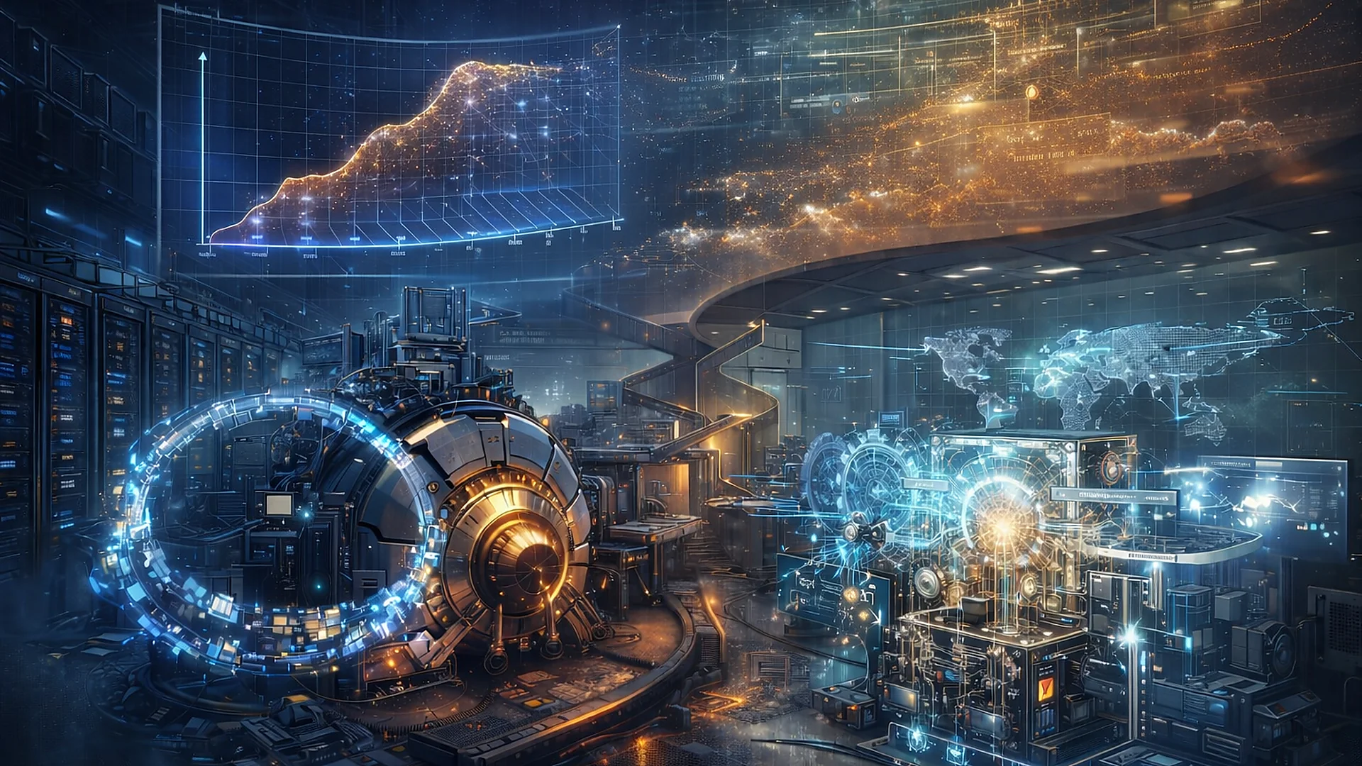 Editorial illustration of AI scaling limits showing a massive compute engine under strain beside a precise reasoning architecture system, symbolizing diminishing returns from brute-force training and the rise of test-time compute models.