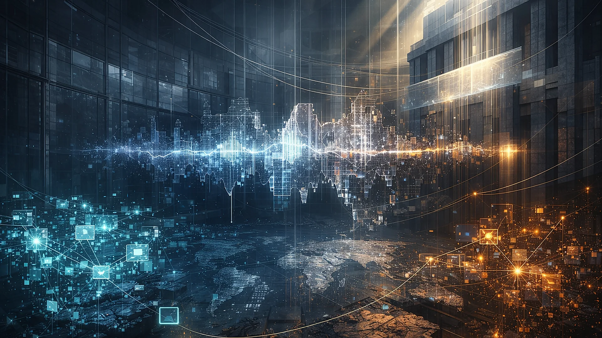 Editorial illustration of the AI agent era showing a fractured voice waveform between proliferating autonomous agents and a looming federal structure, symbolizing legal accountability, security risk, and government pressure.