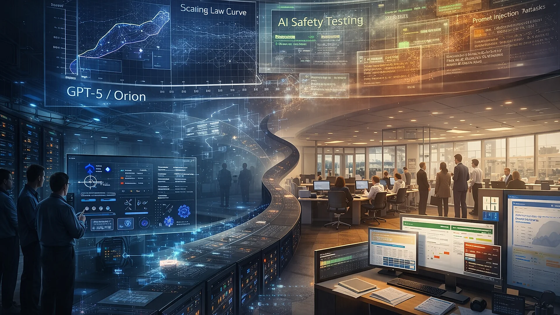 Editorial illustration of AI scaling law plateau in a data center with GPT-5 training curve flattening, contrasted with enterprise deployment of Copilot and Gemini tools under AI safety testing oversight.