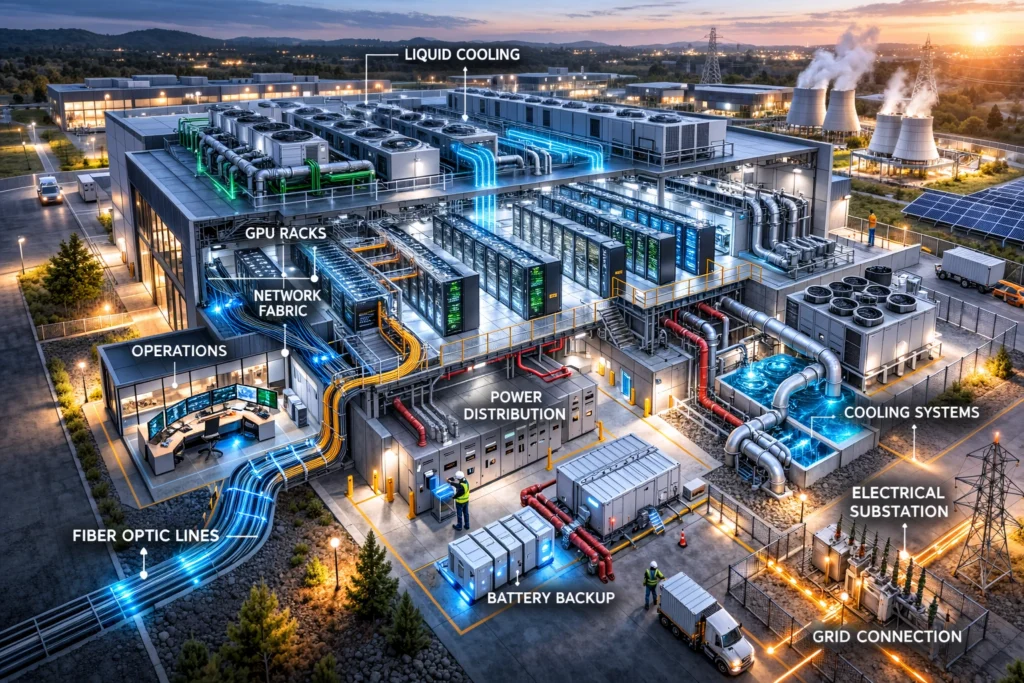 Cross-section diagram of a hyperscale data center showing GPU racks, liquid cooling systems, power distribution units, and fiber network infrastructure for AI compute.