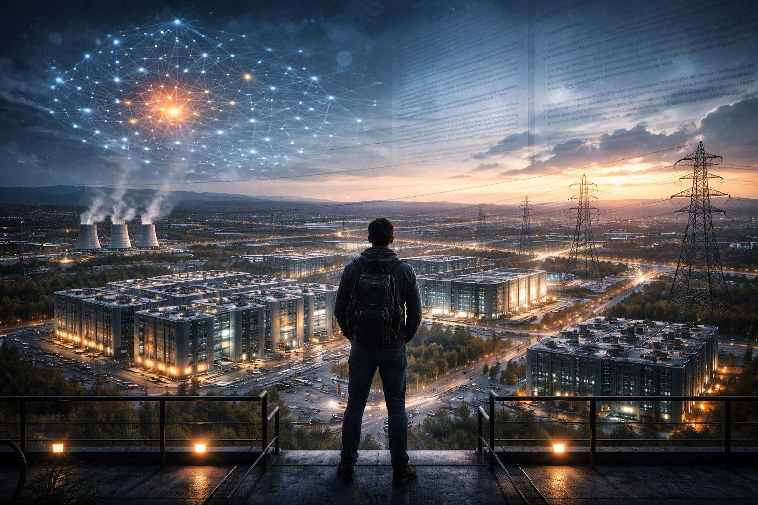 Independent developer overlooking a vast landscape of AI data centers and power lines, symbolizing the industrialization of artificial intelligence in 2026.