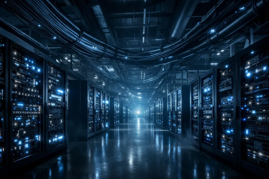 Interior of a hyperscale AI data center with illuminated server racks and overhead fiber cabling representing large-scale model training infrastructure.