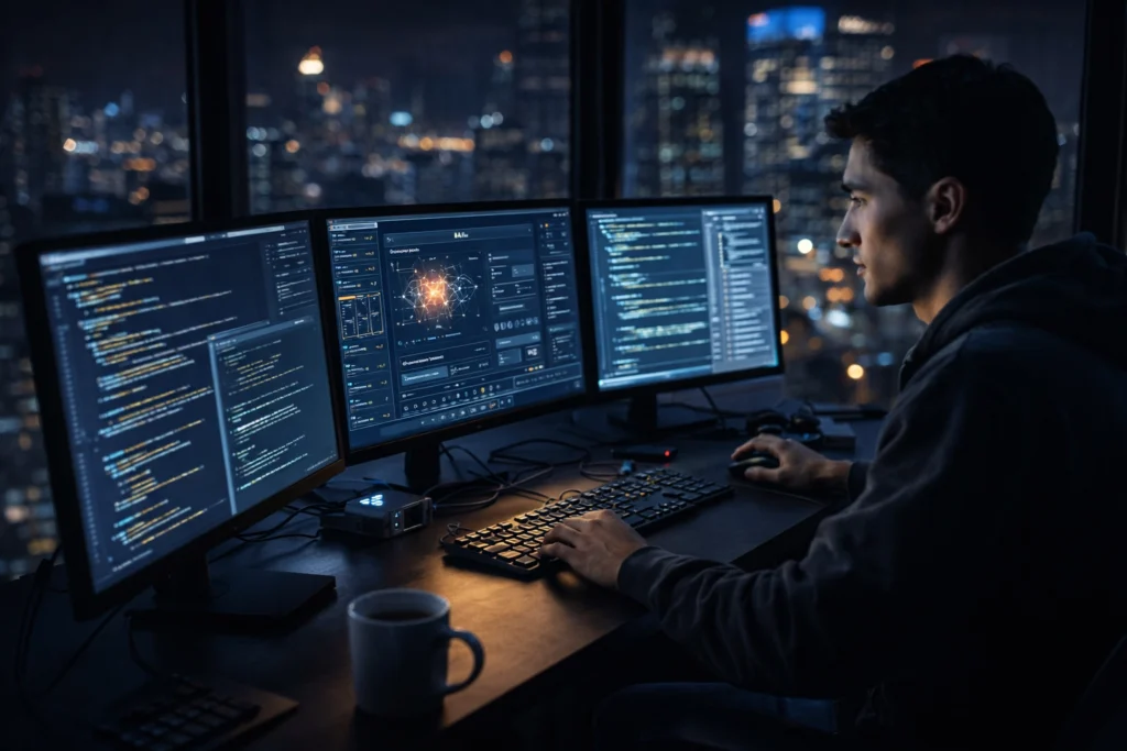 Independent developer working at multiple monitors displaying AI dashboards and code, illustrating application-layer innovation built on centralized AI infrastructure.