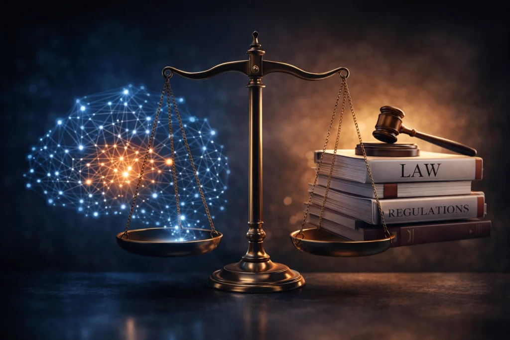 Balance scale showing a neural network on one side and legal documents on the other, symbolizing the tension between AI technical alignment and regulatory governance.
