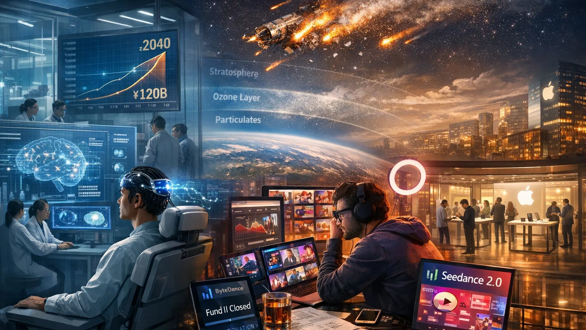 Editorial illustration of China’s brain-computer interface surge, rocket reentry atmospheric pollution, AI-driven creator economy pressure, Apple product strategy shift, and quantum venture capital growth.