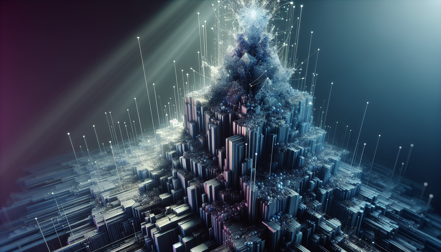 A mountainous city of pale towers dissolving upward into particles and thin light stems against a dark sky