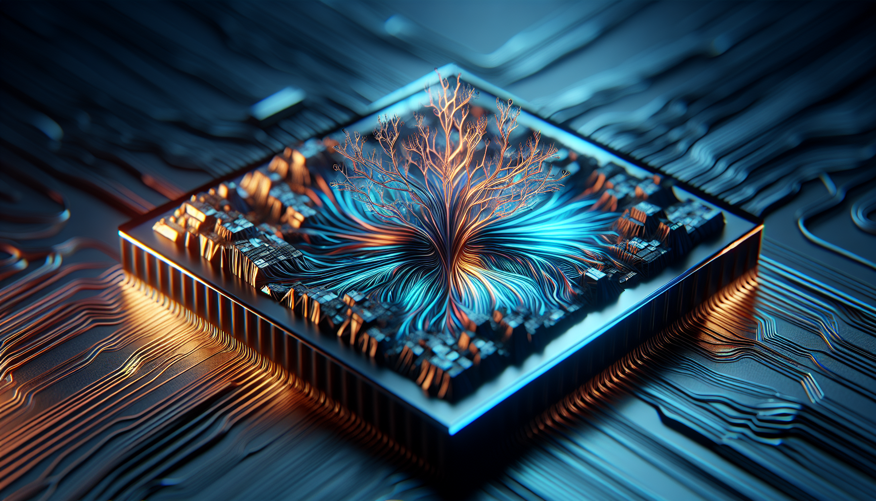 A processor die on a circuit board with a branching tree of orange and blue light growing from its centre