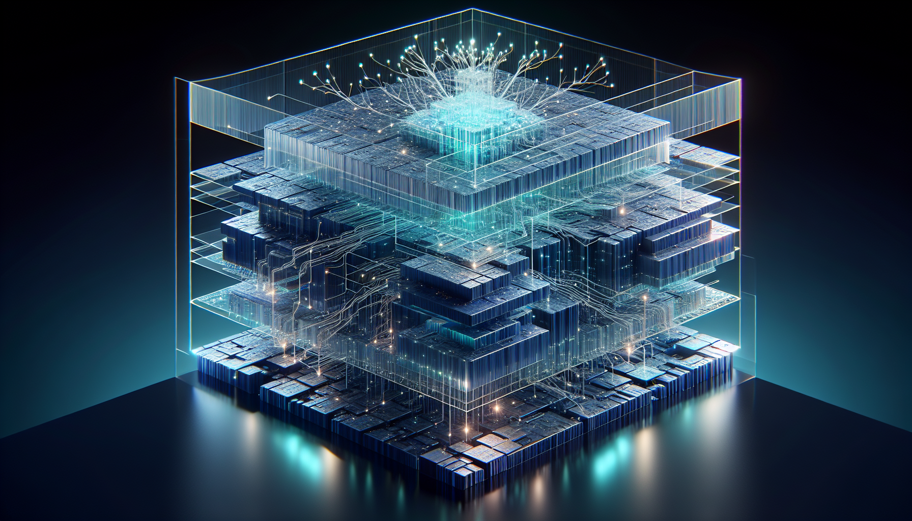 A stacked cube of translucent layered circuitry glowing cyan, filaments rising from its top face