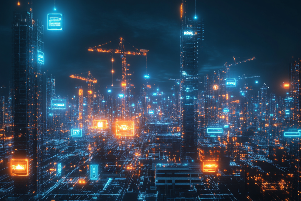 Holographic application interfaces assembled at high speed by robotic arms in a digital construction site, some cracked and leaking data streams