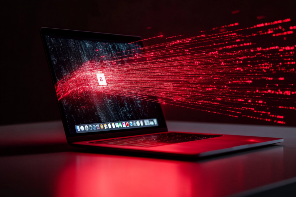 A laptop displays a polished web application while red beams stream from its back carrying fragments of personal data into darkness