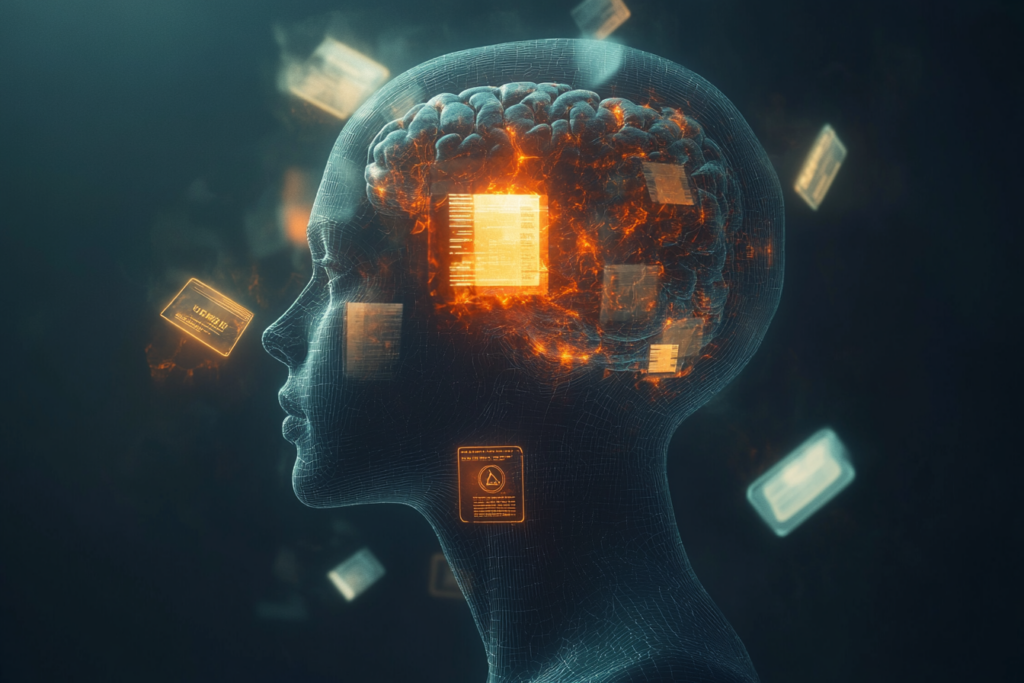 Translucent profile of a head filled with glowing memory cards, most blue-white but several glow amber-red with corruption spreading to surrounding memories
