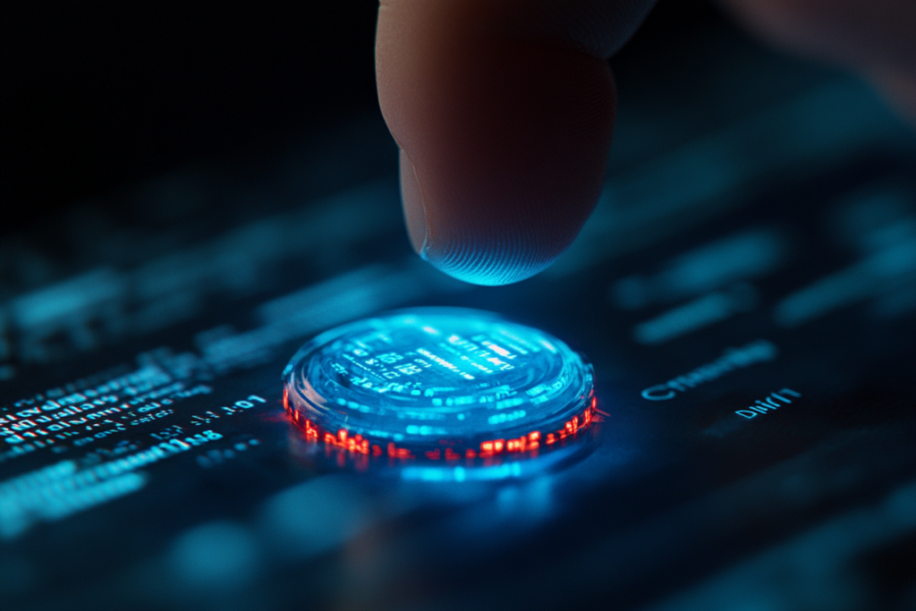 A finger hovers over an innocent web button with a cross-section revealing dense layers of hidden red text compressed beneath its surface