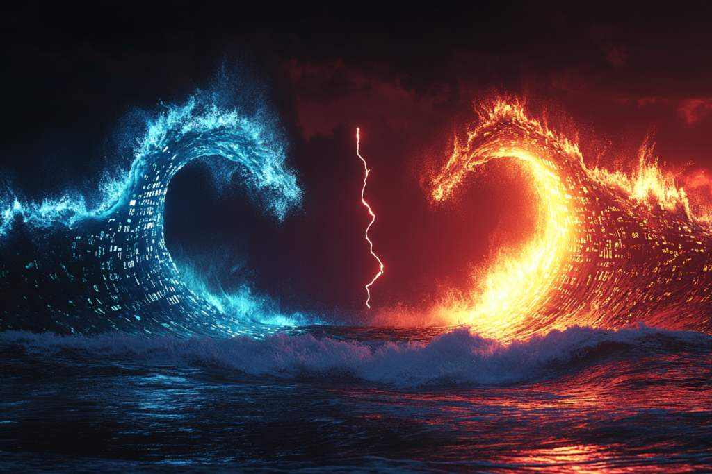 Two massive waves collide over a dark ocean, one made of fragmented cyan code, the other of amber memory fragments, the water turning red where they meet
