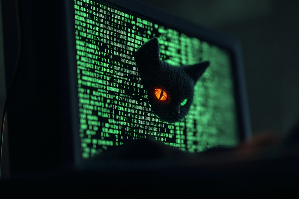 A small pixelated creature with enormous eyes peers from behind a terminal screen displaying code, half-hidden in shadow, wearing a torn sock