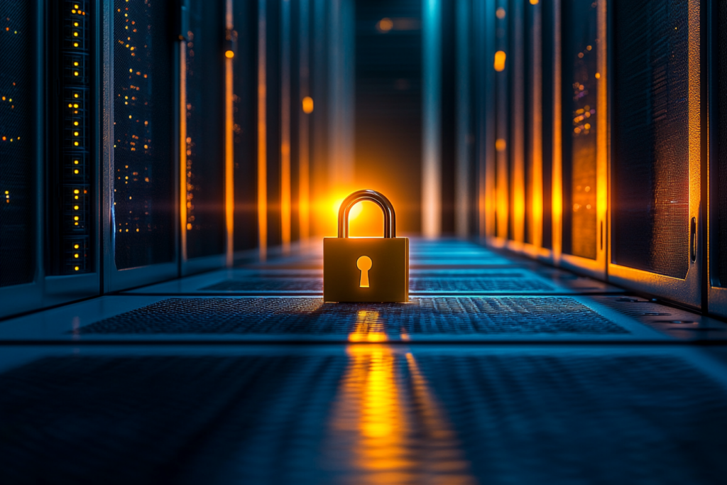 A single open padlock glowing gold sits on a server room floor among dozens of dark closed padlocks, casting a keyhole-shaped shadow down the corridor