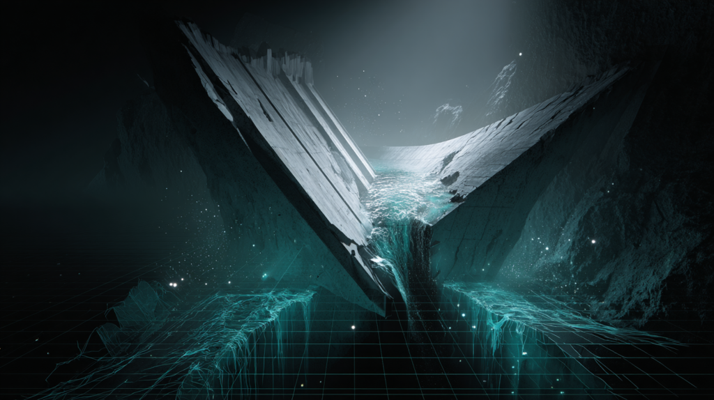 Abstract editorial illustration of a massive concrete dam cracking under pressure with luminous teal water spilling through fractures into a dark valley