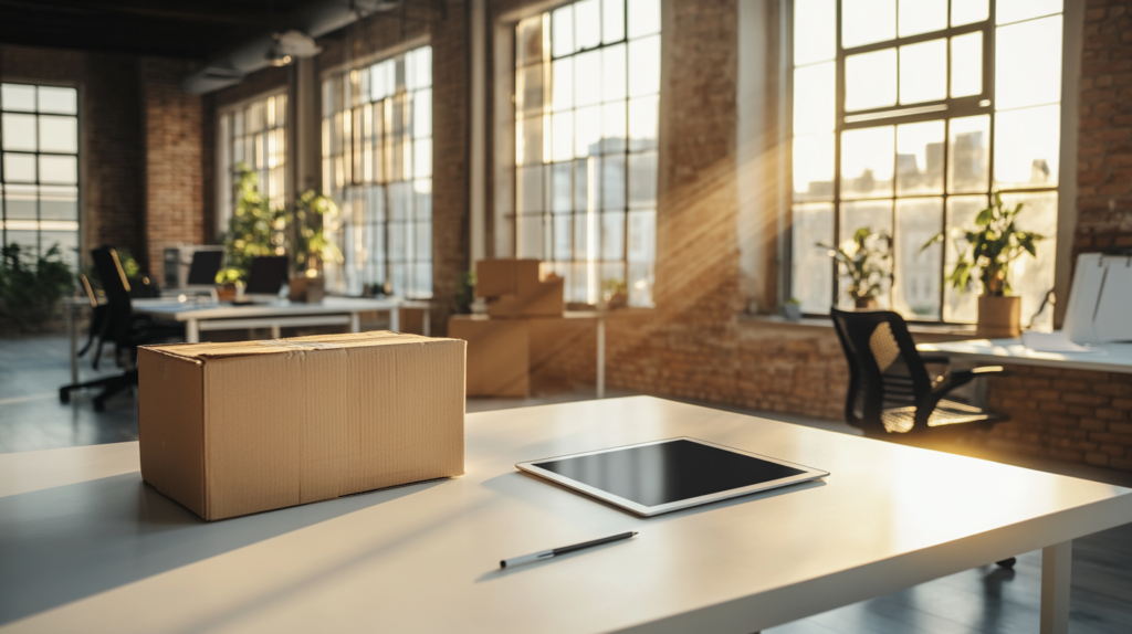 An empty modern design studio at dawn with an abandoned drawing tablet on a clean desk and a partially packed moving box in the corner, warm amber light through windows