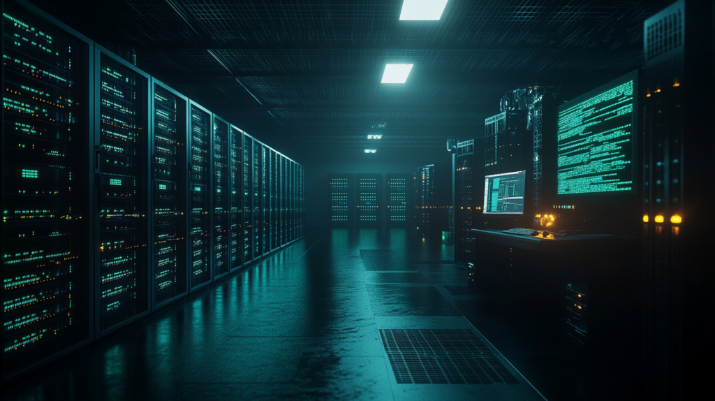 A vast underground server room stretching into darkness with rows of racks showing pulsing teal indicator lights and a single illuminated security workstation in the foreground