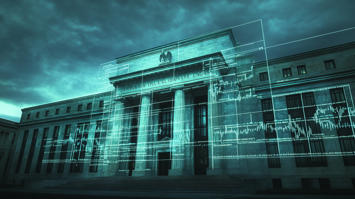 Neoclassical Federal Reserve building at twilight with a fading holographic stock chart dissolving across its marble facade