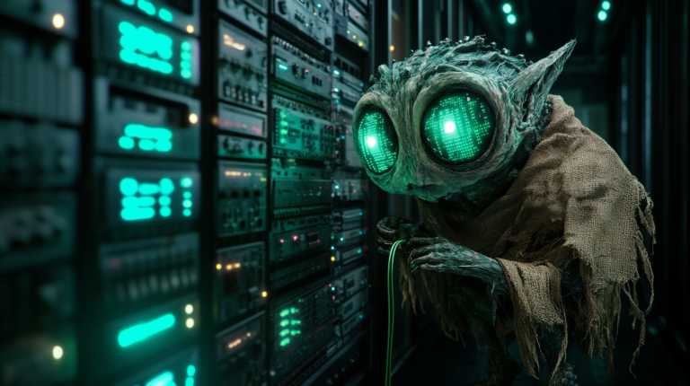 A small digital creature in tattered rags crouches inside a server rack, clutching an ethernet cable, its wide eyes reflecting blinking status lights