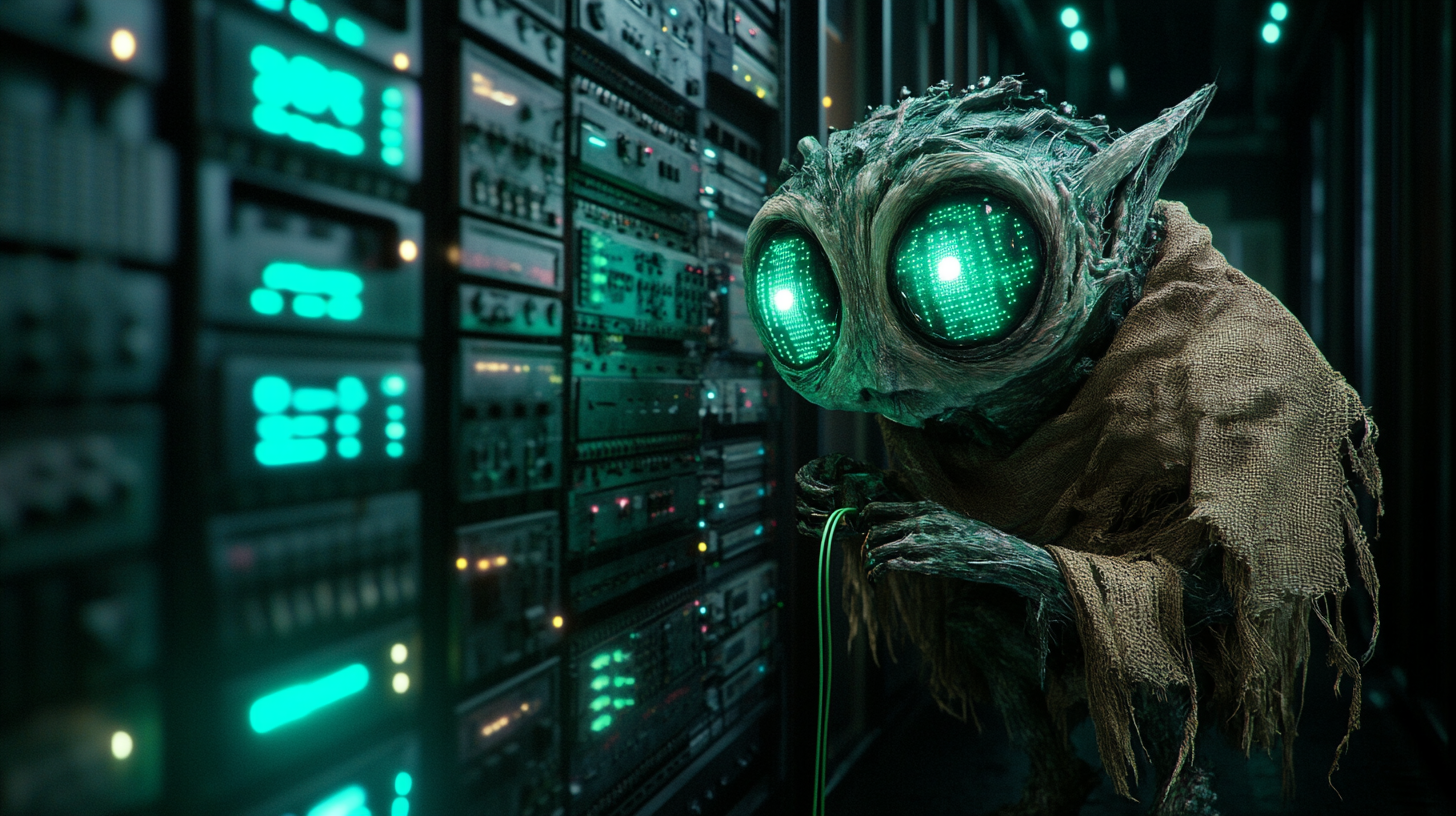 A small digital creature in tattered rags crouches inside a server rack, clutching an ethernet cable, its wide eyes reflecting blinking status lights