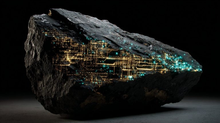 A monolithic block of dark stone with glowing gold circuit traces and cyan neural pathways visible through a carved surface, representing intelligence emerging from uncarved material