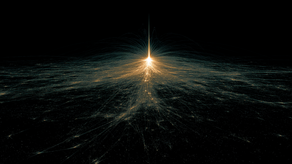 Thousands of luminous threads in cyan and gold converging toward a single bright point of light against a dark void, representing the compression of collective human thought into a single conversational surface