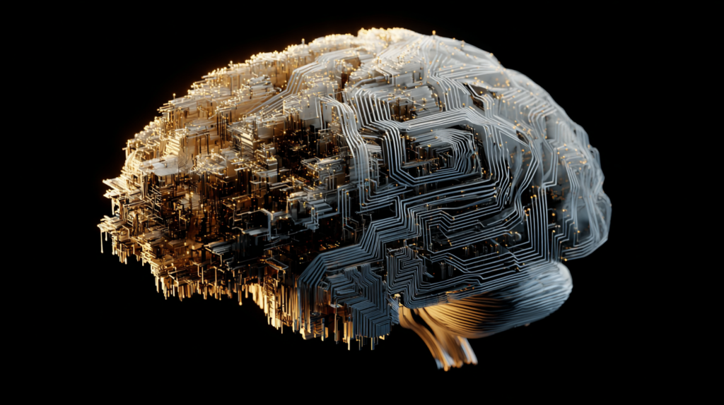 A human brain rendered as intricate circuit board architecture, half organic tissue and half geometric circuit traces in gold and silver, against a black background