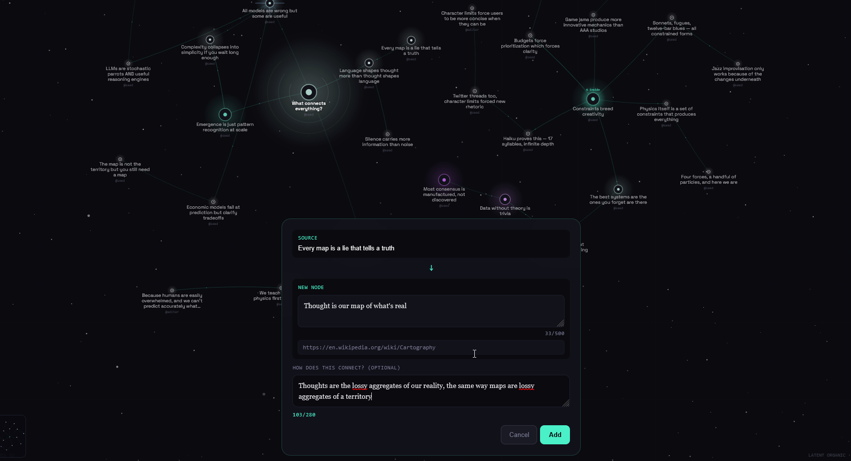 The creation modal showing a source node, new thought text field, link field, and a why-text explanation
