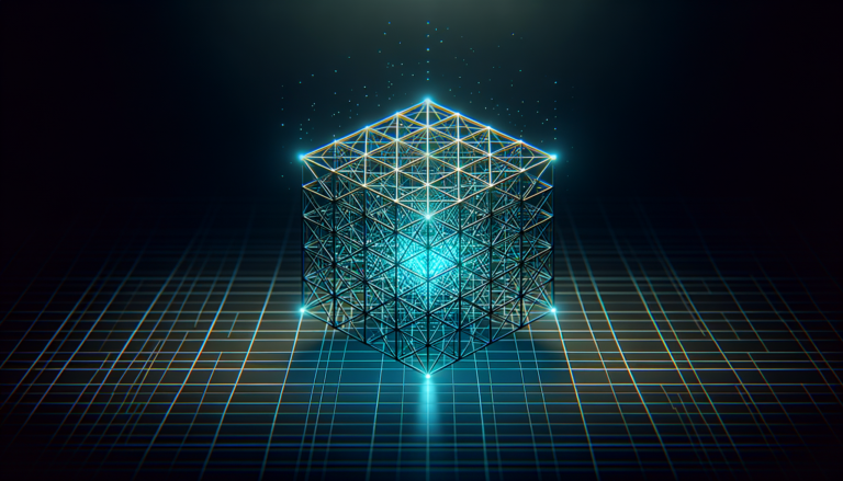 Glowing cyan wireframe tesseract on a dark grid background representing Temperature Zero full-stack software development and AI automation services