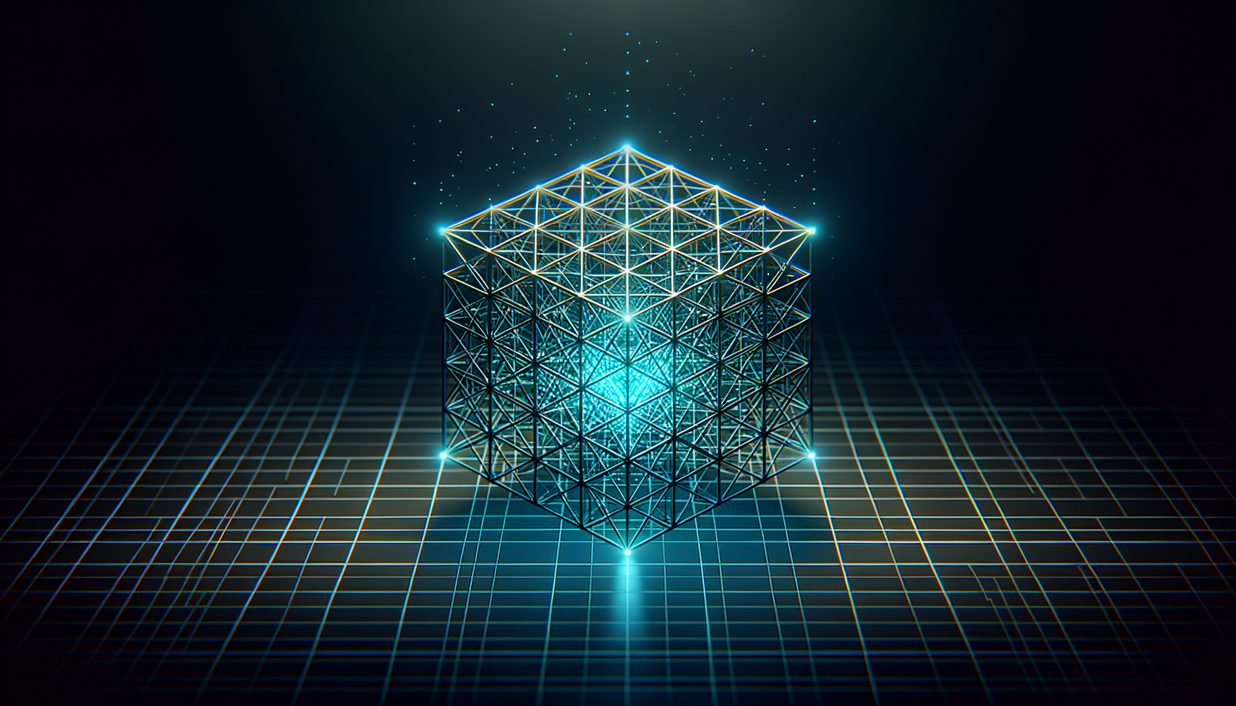 Glowing cyan wireframe tesseract on a dark grid background representing Temperature Zero full-stack software development and AI automation services