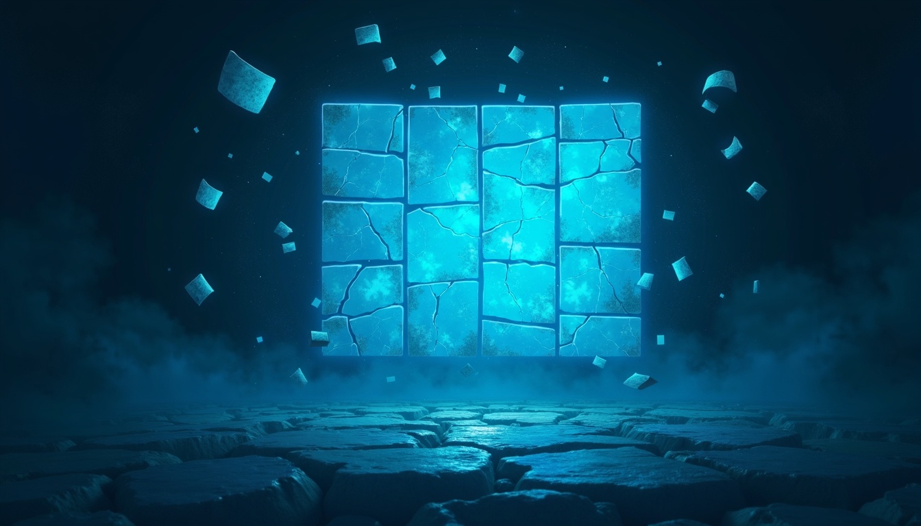 A cracked tournament scoreboard fragments into floating tokens and flag-shaped shards in dark space, cyan light leaking from beneath