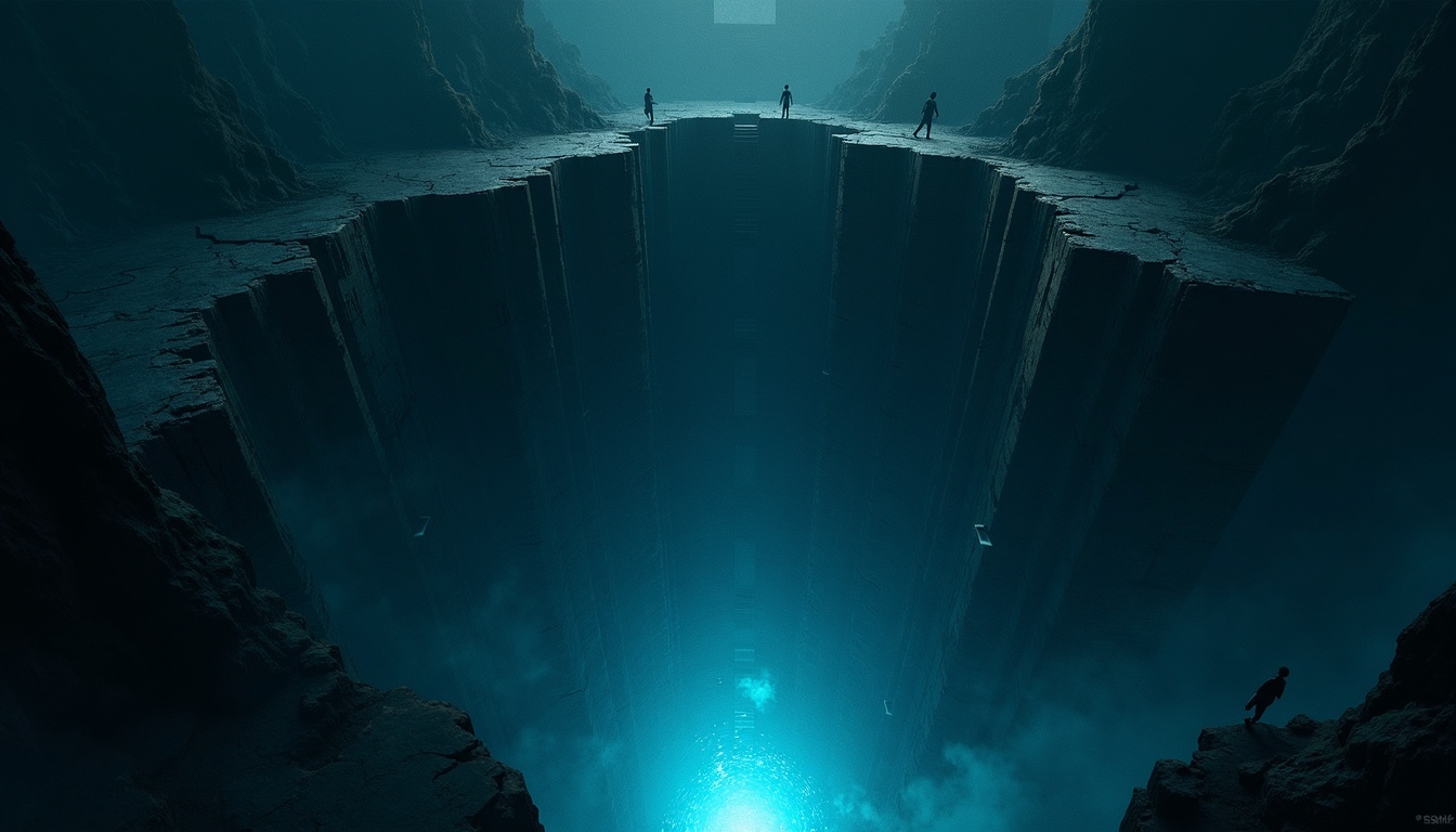 A layered citadel descends into darkness, its upper walls scarred by attackers but its lower chambers untouched, cyan light glowing from the deepest core