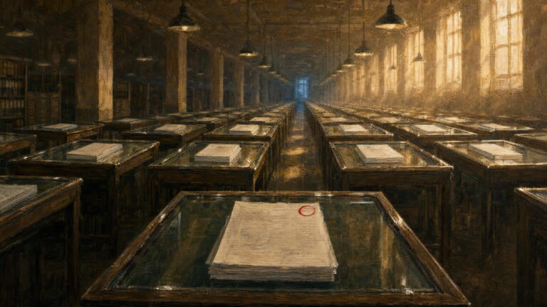 A long hall of reading desks, each holding an identical open manuscript under glass, the nearest one marked with a red circle