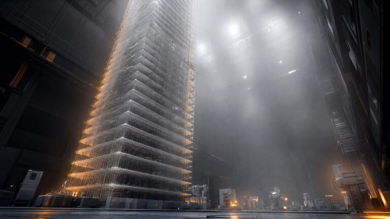 A towering tiered structure of stacked golden layers rising into mist in a dark industrial canyon