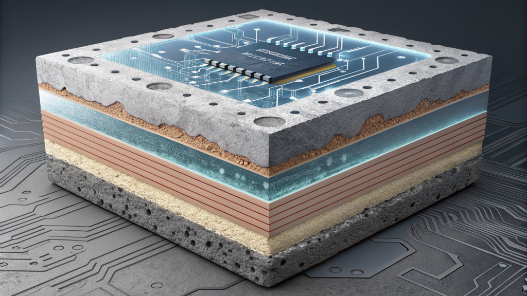 HBM stack cross-section: layered DRAM dies connected by through-silicon vias, the dominant cost driver in AI accelerators