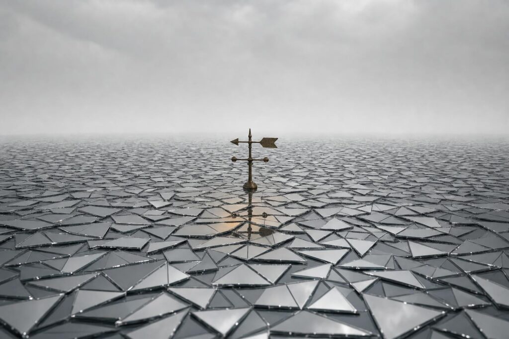 A lone brass weathervane on an endless plain of mirror shards under a foggy sky, its pointer motionless with no wind it can distinguish.