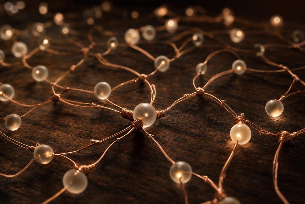 Frosted-glass nodes joined by directional copper wires with knotted junctions, growing like a root system across dark wood.