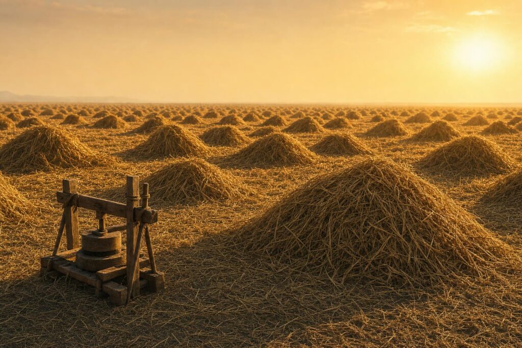 An endless harvested plain of countless identical grain mounds at golden dusk, with a single small wooden mill in the foreground far too small to process any of it.