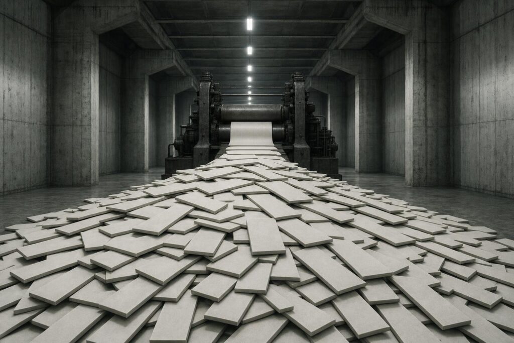 A cast-iron press in a concrete hall extruding an endless ribbon of identical blank flat slabs that pile into a vast featureless heap.