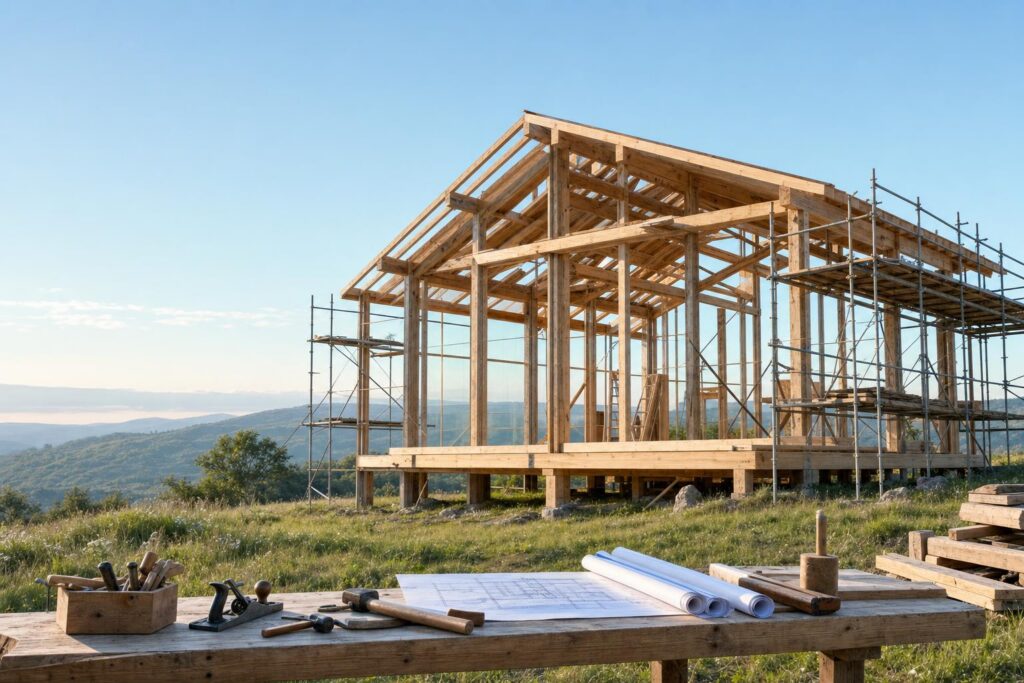 A half-built timber pavilion with its scaffolding and framing left fully exposed on an open hillside in clear morning light, a workbench of tools and plans in the foreground.