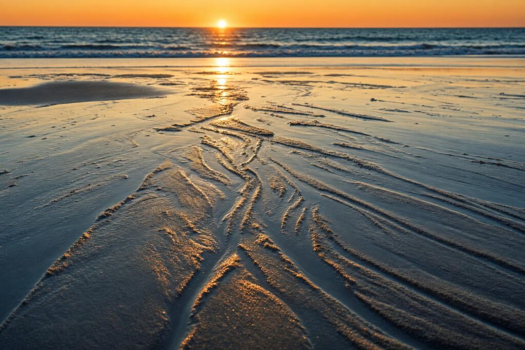 A shoreline at low tide in golden dusk where the receding sea has briefly carved a branching pattern of channels into the wet sand.