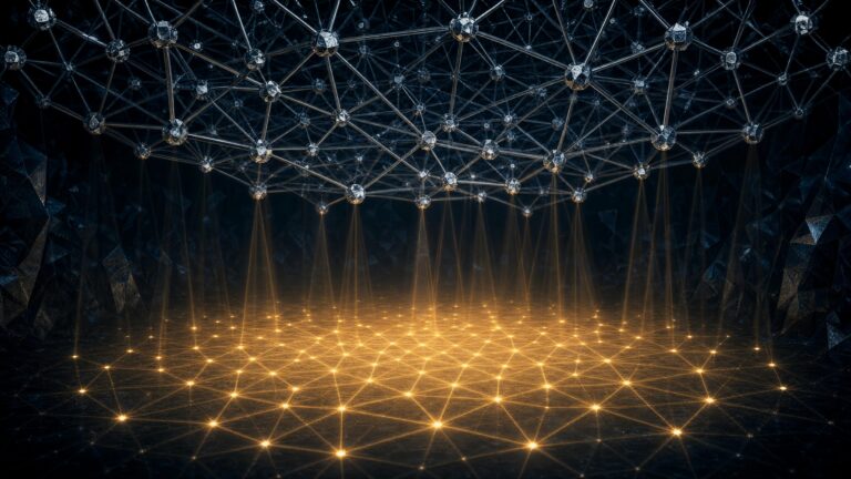 A dense lattice of white nodes suspended above a glowing golden mesh floor in a dark space