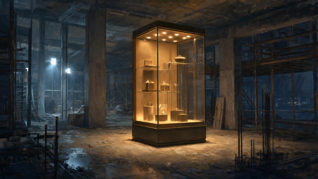 A single lit glass display case holding small objects, standing alone in a dark unfinished concrete structure