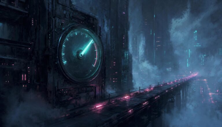 A huge cyan gauge mounted on a machine wall above a raised roadway in a smoky industrial city