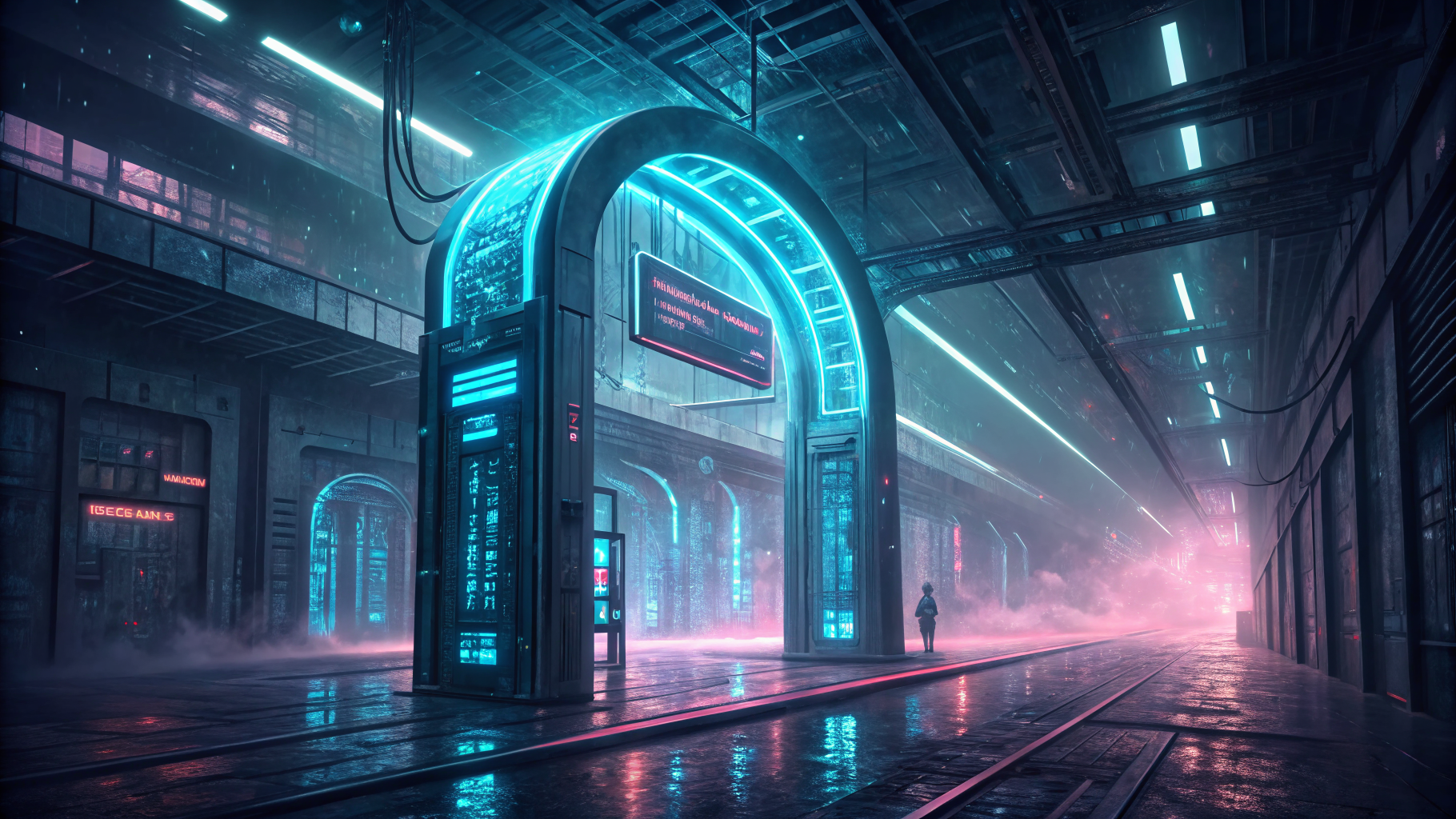 A neon paywall gate fractures mid-air, separating two diverging lanes of data — one bright, one empty.