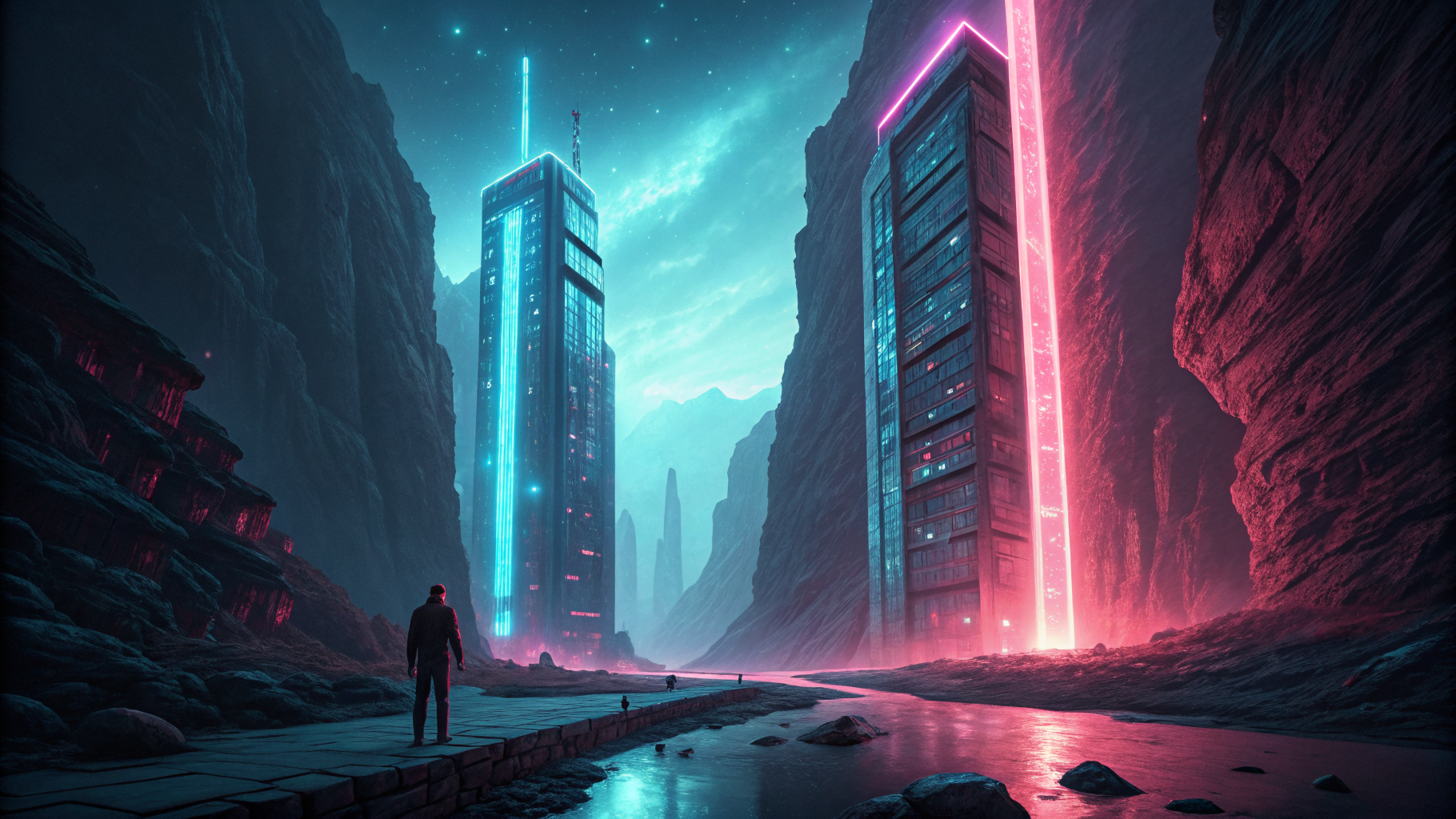 Two opposing neon-glass towers across a fault line; the smaller crumbles, the larger holds.