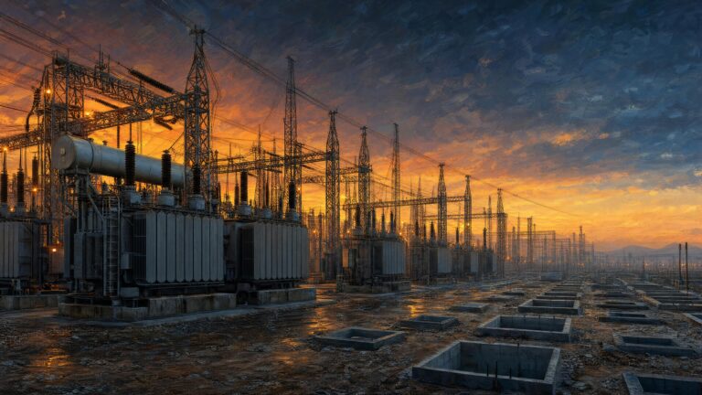 An electrical substation at sunset, transformers and pylons above a field of poured concrete foundations