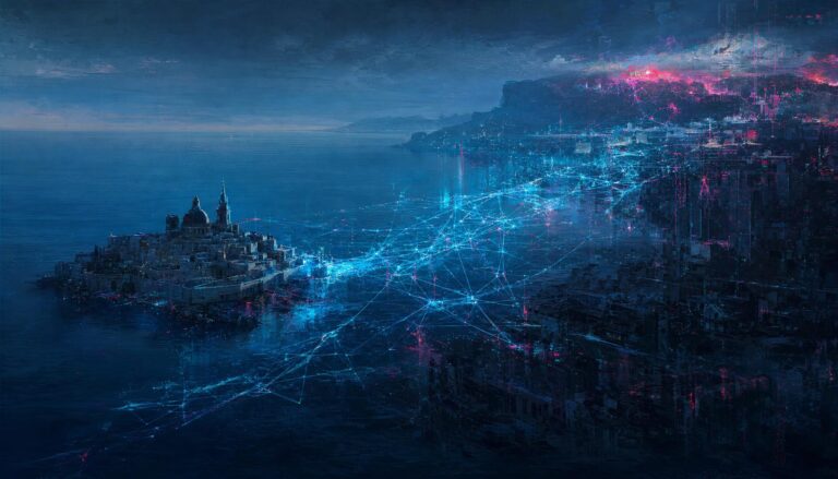 A small illuminated island city at night, blue network lines fanning out across the water toward a larger coastline
